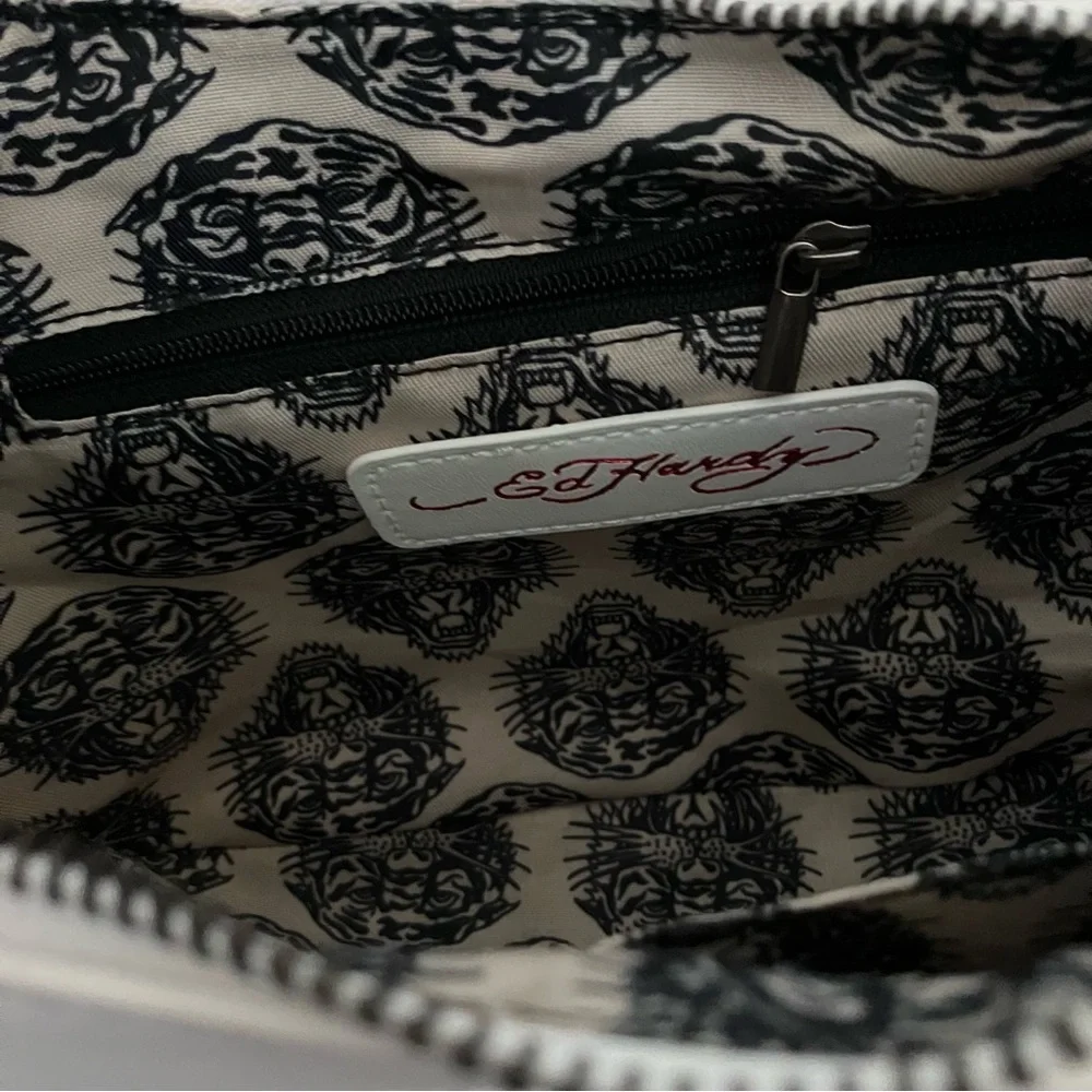ED HARDY Studded White Vegan Leather Tattoo Crescent Bag NEW NWT
